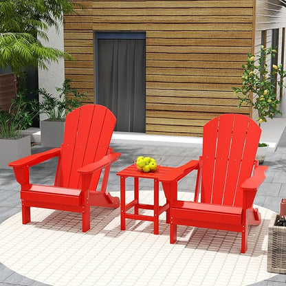 Costaelm 3 piece Patio Set, Outdoor Modern Adirondack Table and Chairs, All Weather Balcony Furniture Set Lounge Firepit Chairs for Outside Deck Garden Lawn Pool, Red