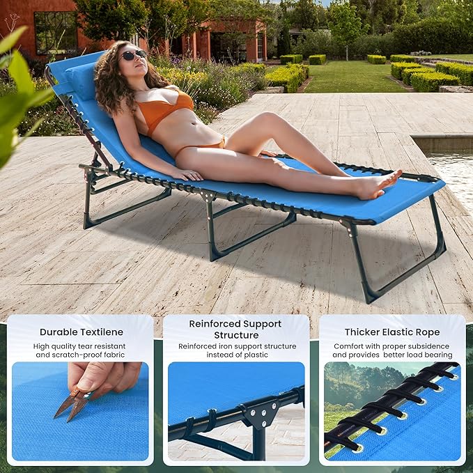 Outdoor Folding Chaise Lounge 5-Position Adjustable Recliner 400LB Heavy Duty Portable Patio Camping Beach Chair, Blue