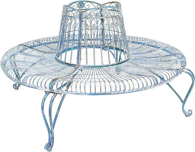 Safavieh PAT5019C Outdoor Collection Ally Darling Antique Wrought Iron 60-inch Round Tree Bench, Mossy Blue
