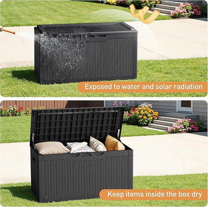 Greesum 100 Gallon Resin Deck Box Large Outdoor Storage Boxes with Cushions for Garden Tools, Patio Furniture Pillows, Pool Supplies, Black