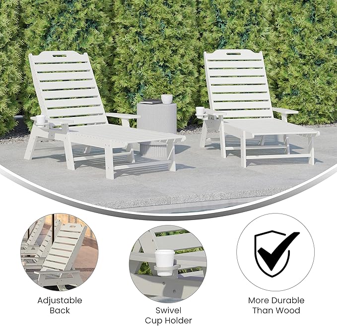 Flash Furniture Monterey Adjustable Adirondack Loungers with Cup Holders- All-Weather Indoor/Outdoor HDPE Lounge Chairs, Set of 2, White