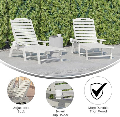 Flash Furniture Monterey Adjustable Adirondack Loungers with Cup Holders- All-Weather Indoor/Outdoor HDPE Lounge Chairs, Set of 2, White