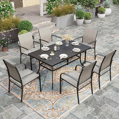 HERA'S HOUSE Outdoor Dining Table for 6,6-Person Metal Steel Slat Rectangle Patio Table with Umbrella Hole for Lawn Garden Backyard