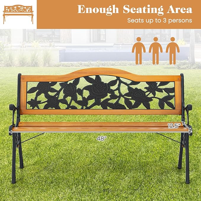 Giantex Outdoor Bench with Slatted Seat, Curved Armrests, Flower Pattern Backrest, 470 Lbs Capacity, Cast Iron Metal Patio Bench for Garden, Outside, Lawn, Porch, Yard, Park Bench