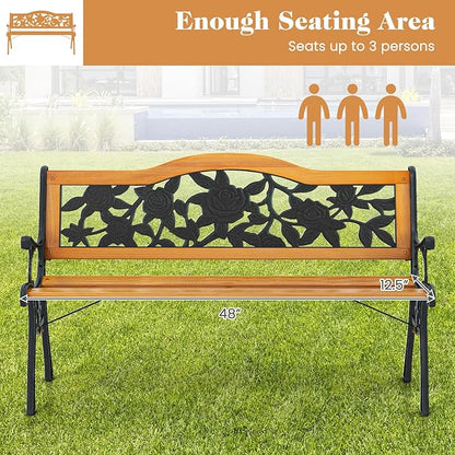 Giantex Outdoor Bench with Slatted Seat, Curved Armrests, Flower Pattern Backrest, 470 Lbs Capacity, Cast Iron Metal Patio Bench for Garden, Outside, Lawn, Porch, Yard, Park Bench