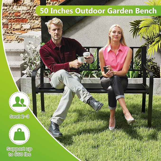 Tangkula Metal Outdoor Garden Bench, 50 Inches Patio Bench with Patterned Backrest and Curved Armrests, 2-3-Person Outside Bench, Heavy-Duty Metal Loveseat Chair for Porch, Lawn & Yard
