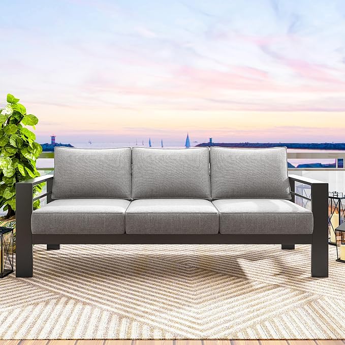 Solaste Aluminum Outdoor Couch, 3-Seat Metal Outdoor Sofa with Water-Resistant Cushion - Photo 6