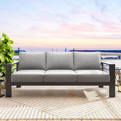 Solaste Aluminum Outdoor Couch, 3-Seat Metal Outdoor Sofa with Water-Resistant Cushion, Weather-Resistant Modern Patio Sofa, Black Frame Grey Cushion