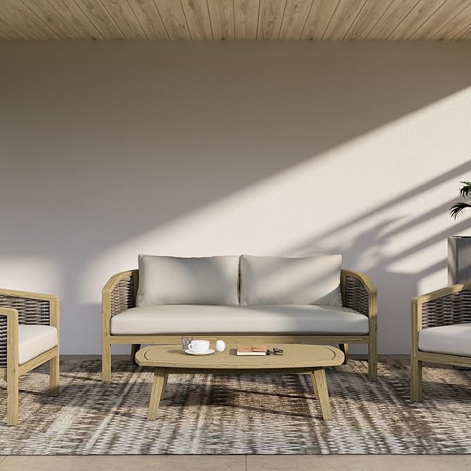 SIMPLIHOME Parkside SOLID ACACIA WOOD 45 inch Wide Rectangle Contemporary Outdoor Coffee Table in Light Teak for the Living Room and Family Room