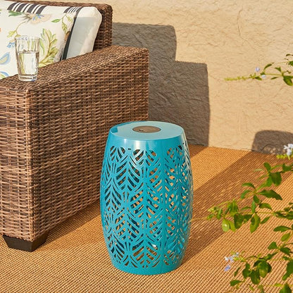 Glitzhome 18.25" H Outdoor Side Table with Leaf Pattern Solar Powered Light, Iron Cutout Drum Garden Stool Solar Decorative Lanterns, Metal End Table Plant Stand for Indoor Outdoor, Blue