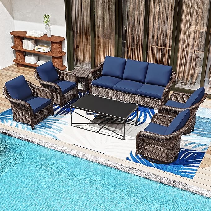 7 Pieces Patio Conversation Set, 78" Wicker 3-Seat Couch with Washable Cushions, 2 Glider Swivel Rocker Chairs - Photo 1