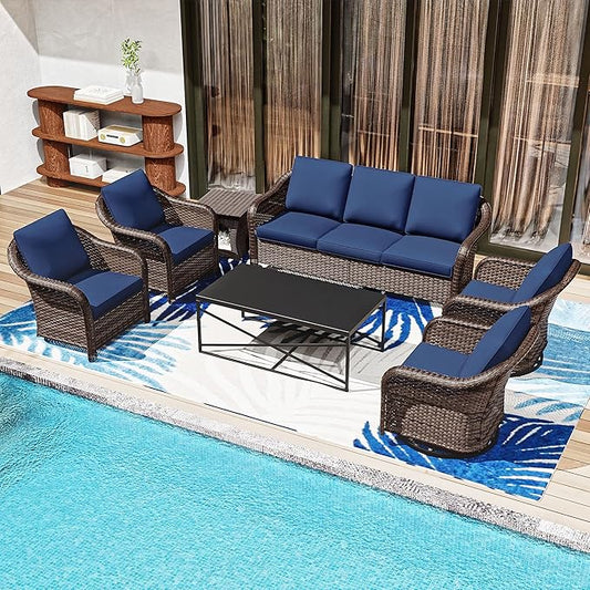 7 Pieces Patio Conversation Set, 78" Wicker 3-Seat Couch with Washable Cushions, 2 Glider Swivel Rocker Chairs, 2 Armchairs, Metal Table, Rattan Cat Bed End Table for Lawn (Navy Blue)
