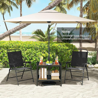 HAPPYGRILL Outdoor Side Table with Umbrella Hole 1.57”, 2-Tier Coffee Bistro End Table Umbrella Stand with Storage Shelf, for Backyard Poolside Garden (2)