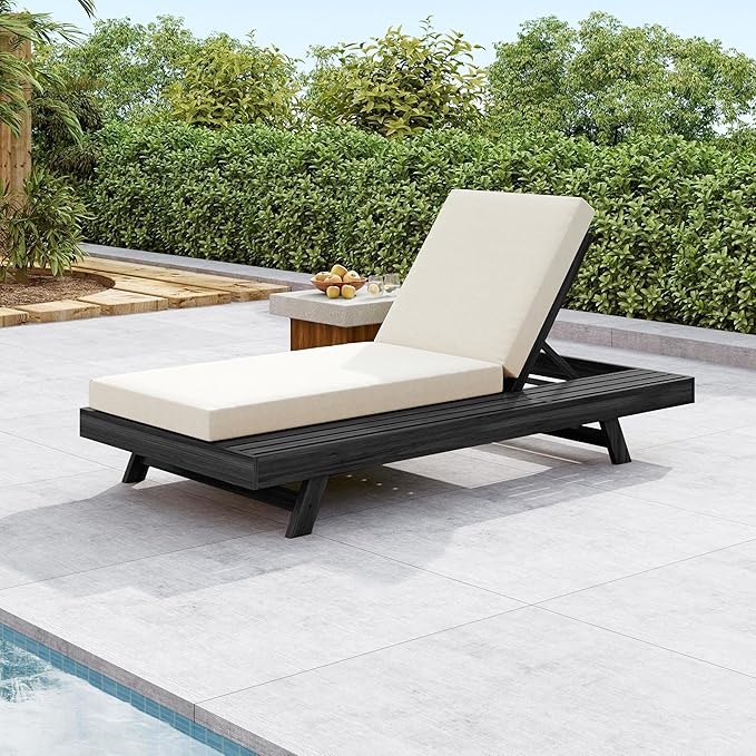 Christopher Knight Home Dami Patio Chaise Lounge Chair Outdoor with 4-Thick Cushion, Acacia Wood Poolside Sun Lounger with Space Available On One Side, Adjustable Backrest Pool Lounger, Black + Cream