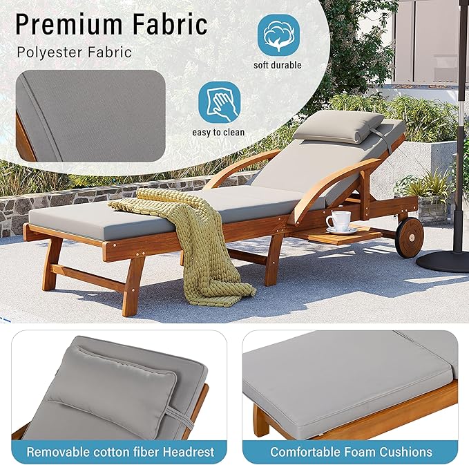 LUMISOL 77.5” Acacia Wood Chaise Lounge Chair, Patio Outdoor Chaise Lounge with Cushions, Adjustable Backrest, Leg Rest, Headrest, Retractable Side Tray for Patio, Pool, Garden, Grey