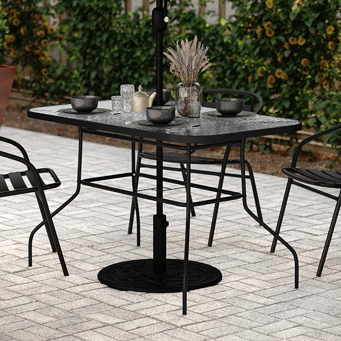 Flash Furniture Tory Rectangle Patio Table with Umbrella Hole, Commercial All-Weather Table with Heat Resistant Tempered Glass, Steel Tube Frame, 27.5x47.25, Black