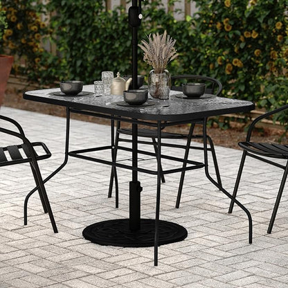 Flash Furniture Tory Rectangle Patio Table with Umbrella Hole, Commercial All-Weather Table with Heat Resistant Tempered Glass, Steel Tube Frame, 27.5x47.25, Black