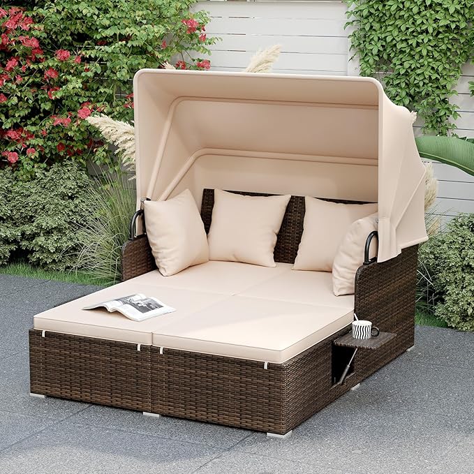 ORALNER Outdoor Daybed, 2-Person Wicker Patio Sofa with Retractable Canopy, Cushions & Pillows, 2 Side Trays - Photo 1