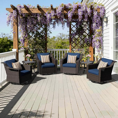6 Pieces Patio Conversation Furniture Set - 4 Swivel Chairs, 2 Side Tables, Outdoor Wicker Furniture with Removable Cushions for Porch, Sunroom (Blue)