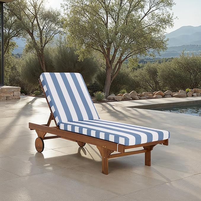 SAFAVIEH Outdoor Patio Furniture Collection - Newport Natural Solid Wood Chaise Lounge Chair with Baby Blue Stripe Cushion, Adjustable Backrest (PAT7316U)
