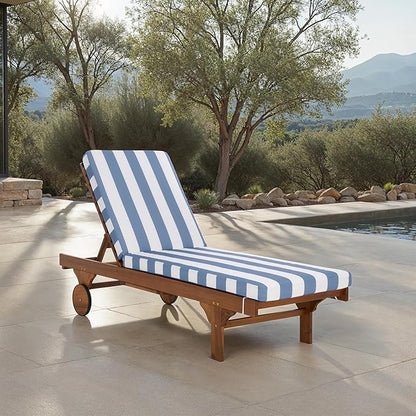 SAFAVIEH Outdoor Patio Furniture Collection - Newport Natural Solid Wood Chaise Lounge Chair with Baby Blue Stripe Cushion, Adjustable Backrest (PAT7316U)