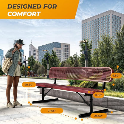Heavy-Duty Outdoor Metal Bench, Thermoplastic-Coated, Portable, Weatherproof, Commercial-Grade for Parks, Gardens, Patios, Stores & More (6 Ft - Portable with Back, Red)