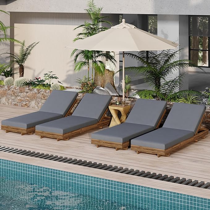 Merax 4-Piece Acacia Wood Chaise Lounge Set w/ 6-Position Adjustable Backrest & Cushion - Outdoor Patio Poolside Furniture, Grey