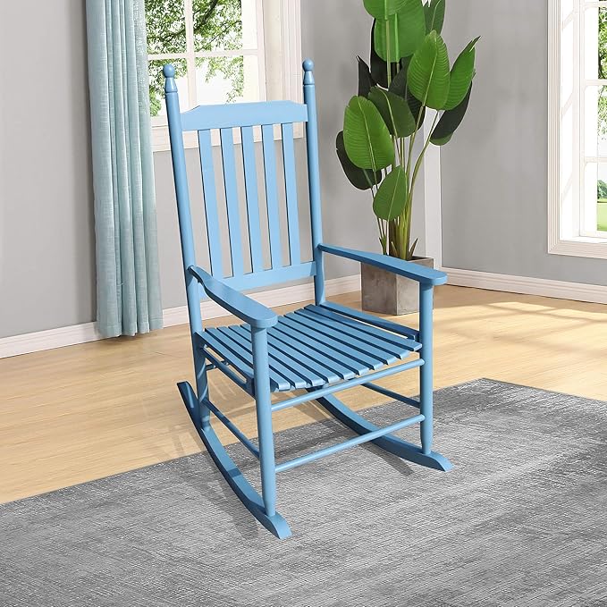 Henf Wooden Rocking Chair Outdoor Porch Rocker Chair, Populus Wood Frame Patio Rocking Chair for Garden, Lawn, Balcony, Backyard, Load Bearing 280 lbs (Blue)