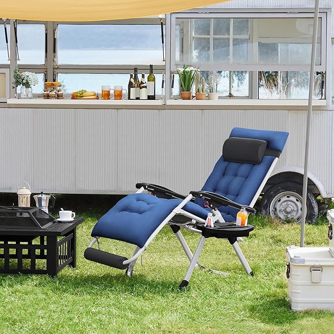 Yaheetech 29in Zero Gravity Chair, Foldable Premium Reclining Lounge Recliner w/Removable Pad & Pillow & Side Accessory Tray for Indoor and Outdoor Navy Blue 1PCS