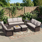 7 Piece Patio Wicker Conversation Set, 2 All-Weather Use Outdoor Wicker Sofa with 2 PE Rattan Ottomans, 2 Swivel Chair - Photo 1