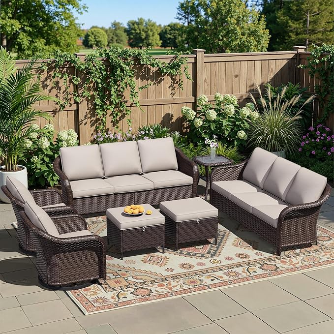 8 Piece Patio Wicker Conversation Set, All-Weather Use Outdoor Wicker Sofa with 2 PE Rattan Ottomans, 4 Swivel Chair - Photo 1