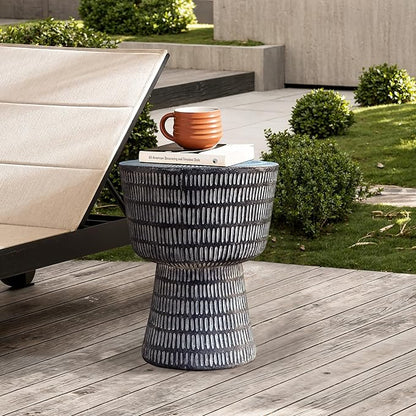 LuxenHome Outdoor Accent Side Table, 15'' Black Round Spiral Pattern End Table, Indoor Outdoor Coffee Furniture for Patio, Living Room, Backyard,Garden Stool and Plant Stand