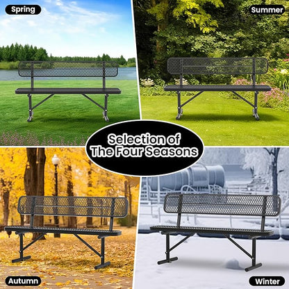 6 FT Heavy Duty Park Bench, Outdoor Metal Black Bench with Back-Commercial Steel Benches for Outside, 2-4 Person Seat-Garden Benches with Portable Frame for Outdoors