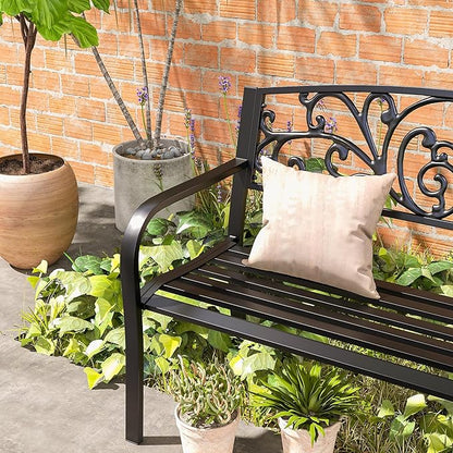 Outsunny 50" Outdoor Bench, Metal Garden Bench with Floral Pattern Backrest, Porch Bench with Slatted Seat for Park, Yard, Lawn, Black