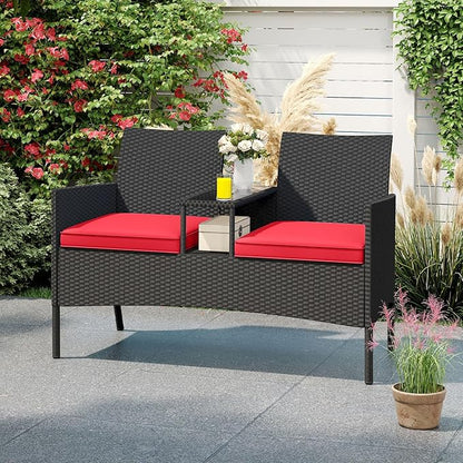 HAPPYGRILL Outdoor Rattan Loveseat, 2-Seat Patio Conversation Set with Built-in Coffee Table, Cushions, Wicker Bench Furniture for Backyard, Garden, Balcony, Porch (Red)