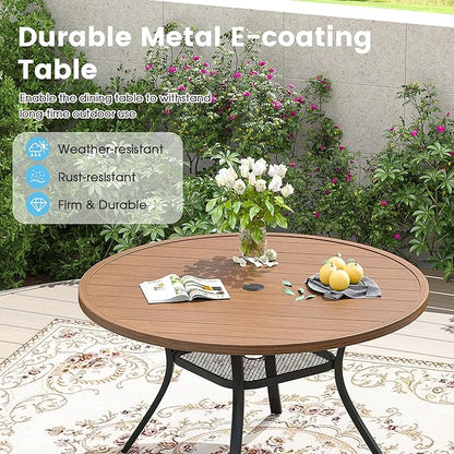Patio Dining Table for 4-6, Round Metal Outdoor Table with 1.57" Umbrella Hole, 47" Outdoor Slat Tabletop Dining Table for Backyard, Porch, Lawn, Walnut