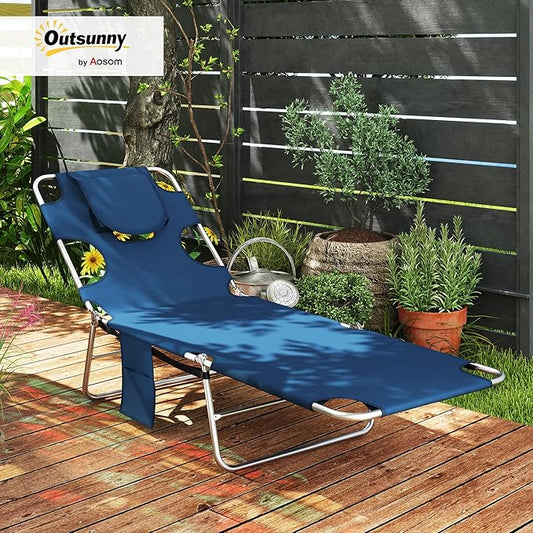 Outsunny Chaise Lounge Chair Outdoor with Face Arm Hole, 5-Position Reclining Face Down Tanning Chair with Carry Strap, Side Pocket, Portable Folding Bed Cot for Patio Beach Pool, Dark Blue