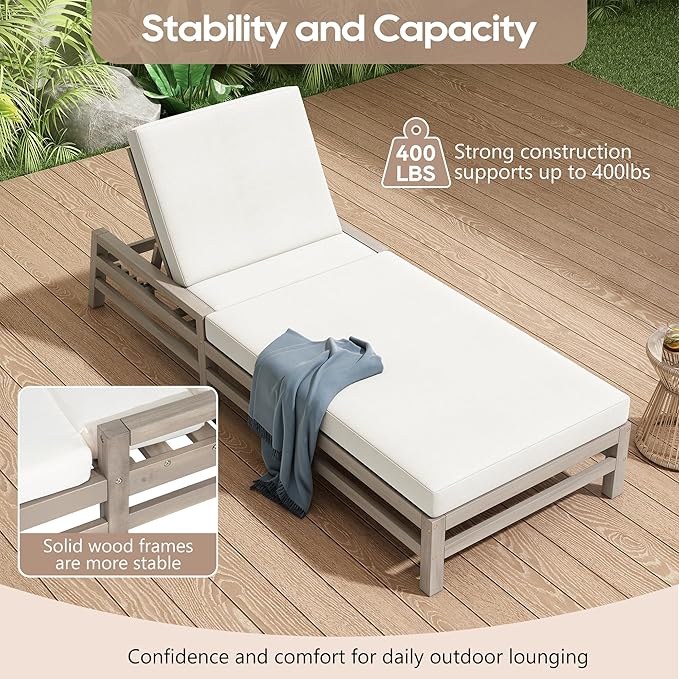 5-Position Adjustable Outdoor Chaise Lounge Set of 2, Solid Wood Patio Recliner Chair with Thick Cushions for Pool - Photo 4