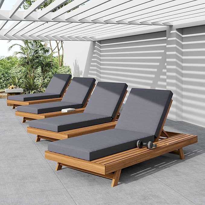 2-Piece Patio Lounge Chair Set with Side Space, Outdoor Chaise Lounge Adjustable & Breathable Acacia Wood Frame, Water-Resistant Cushions(Dark Gray & 4 Inch Thick & Double FOLD)