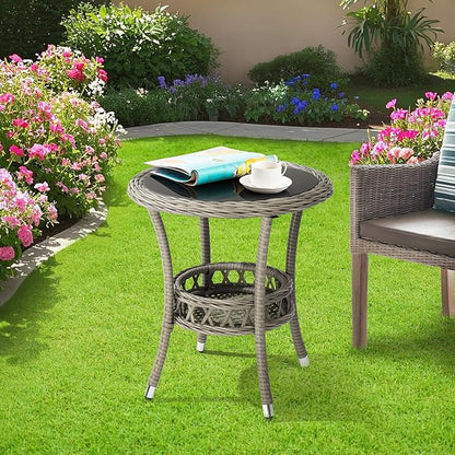 VINGLI Outdoor Wicker Side Table, Patio Side Tables for Outside Tempered Glass Top Wicker Table with Storage End Table for Balcony Porch Deck (Grey)