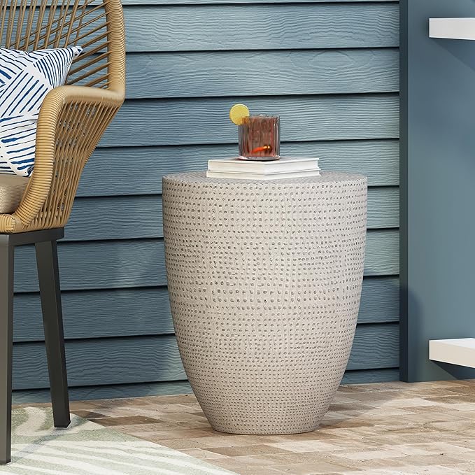 Outdoor Side Table Concrete End Table Faux Stone Small Coffee Tables Patio Garden Stool Plant Stand for Porch, Backyard Silver-Barrel