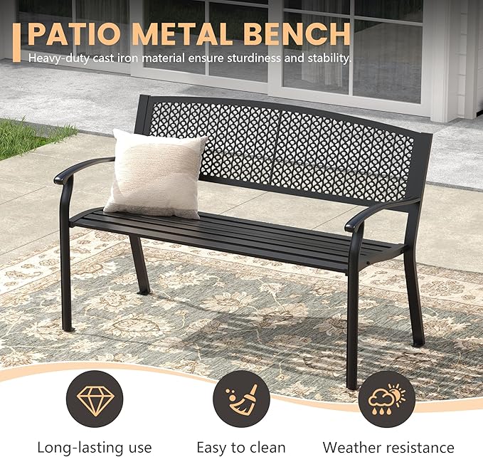 50.4" Garden Bench, Metal Outdoor Bench with Backrest and Curved Armrests for Patio Porch Lawn, Black - Photo 4