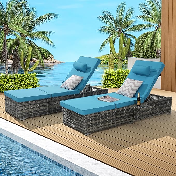 Outdoor Chaise Lounge Chair Set of 2 Wicker Pool Lounge Chairs Tanning Lounges for Outside Lawn Sunbathing Chairs with - Photo 1