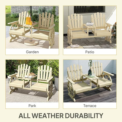Outsunny Wooden Garden Bench with Table, Umbrella Hole, 2-Seat Wagon Wheel Outdoor Bench with Slatted Seat, High Backrest, Armrests for Backyard, Patio, Garden, Natural Wood