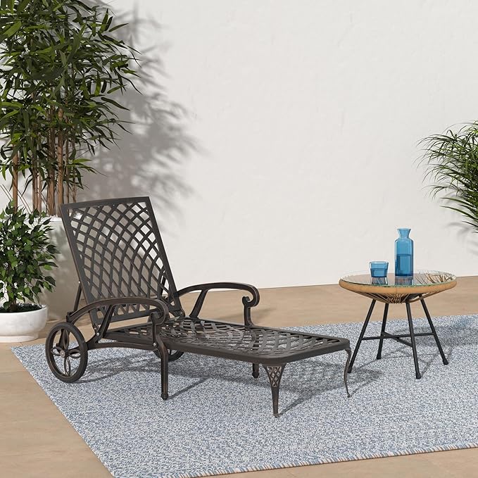 VINGLI Cast Aluminum Outdoor Chaise Lounge Chair with Wheels, Patio Chaise Lounge with 3-Position Adjustable Backrest - Photo 2
