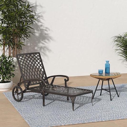 VINGLI Cast Aluminum Outdoor Chaise Lounge Chair with Wheels, Patio Chaise Lounge with 3-Position Adjustable Backrest, Tanning Chair Reclining Chair for Poolside (Bronze, Without Cushion)