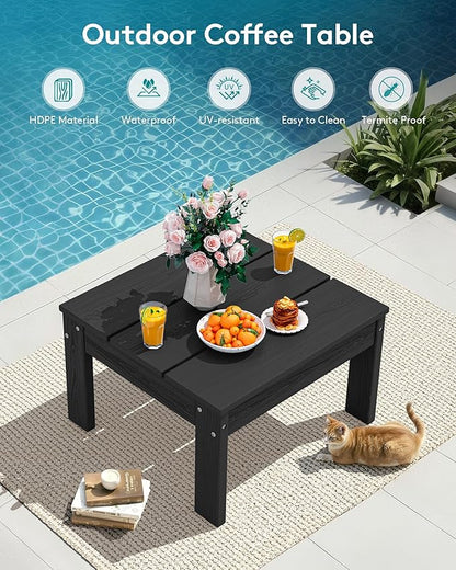 SERWALL HDPE Outdoor Furniture Set, 2 Seats Outdoor Sectional with Coffee Table, All Weather Patio Sofas, Outdoor Conversation Sets with Adjustable Backrest Sofa for Backyard, Garden, Black with Grey