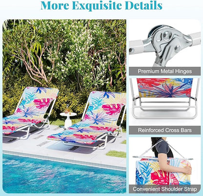 GYMAX Tanning Chair, 2Pcs Folding Beach Chairs with Adjustable Backrest, Footrest, 330lbs Capacity & Shoulder Strap, Portable Layout Sunbathing Loungers for Outside, Patio, Poolside (Colorful Leaves)