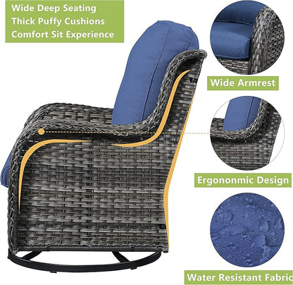 Rilyson Wicker Patio Furniture Set - 5 Piece Rattan Outdoor Sectional Conversation Sets with 2 Rocking Swivel Chairs,2 Ottomans and 1 Sofa for Porch Deck Garden(Mixed Grey/Blue)