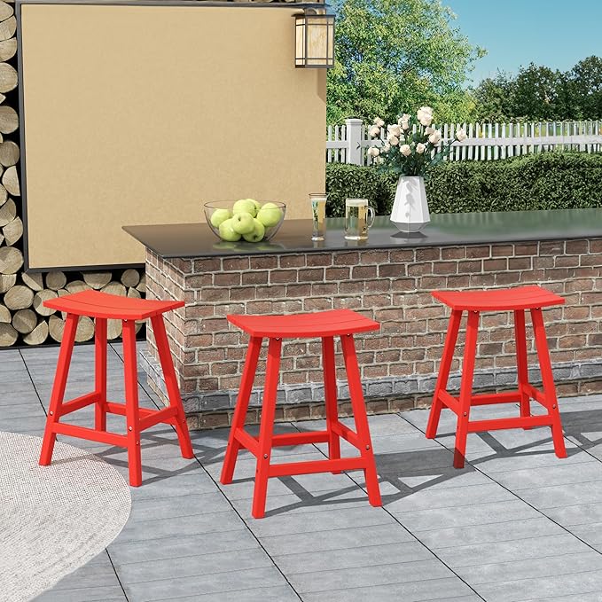 Costaelm All-Weather Bar Stools Set of 3, 24" Height Outdoor Bar Stools, Adirondack Poly Patio Bar Stool for Patio, Deck, Kitchen Counter and Garden, Red
